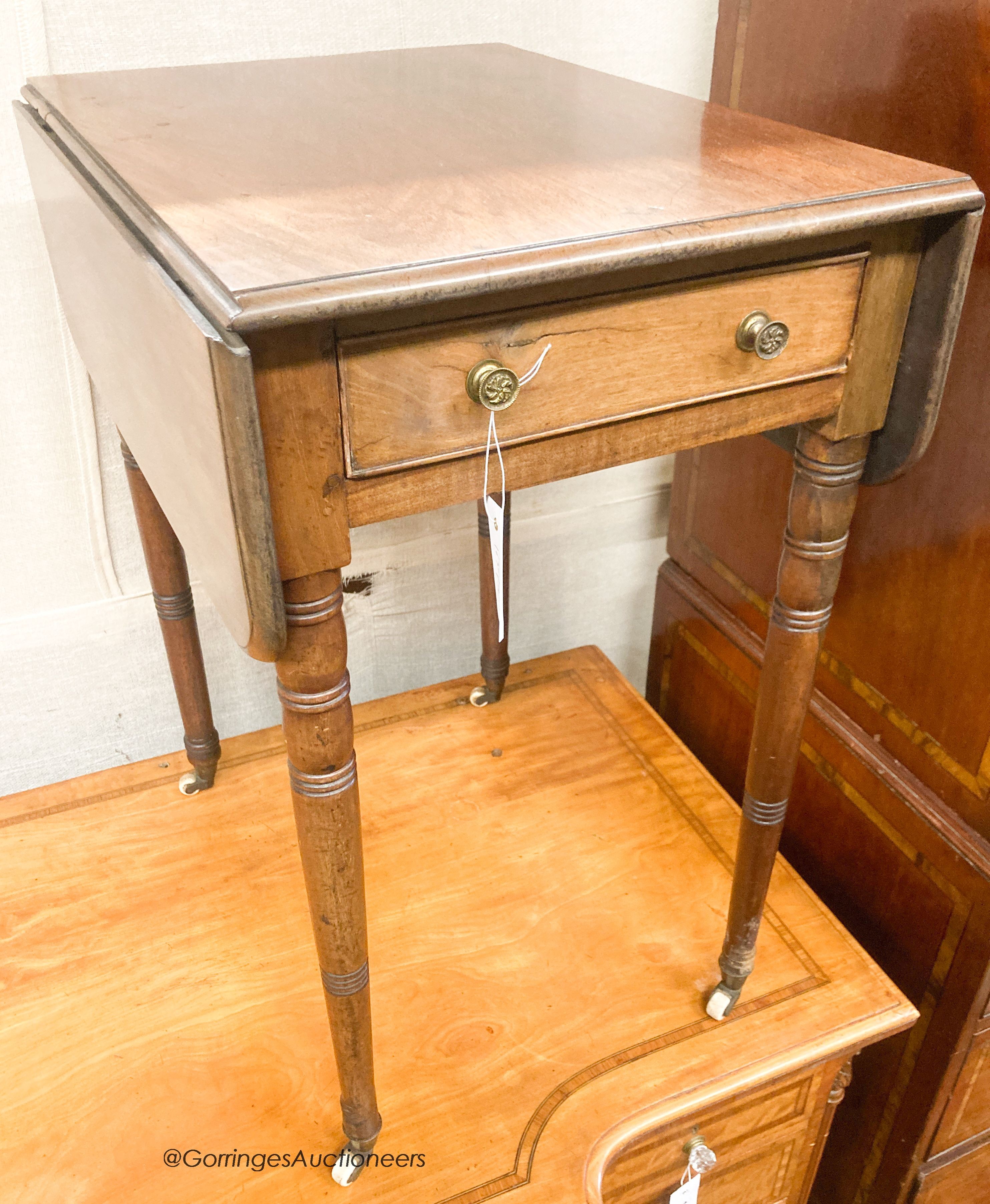 A Regency mahogany drop flap, work table, width 42cm, depth 54cm, height 70cm